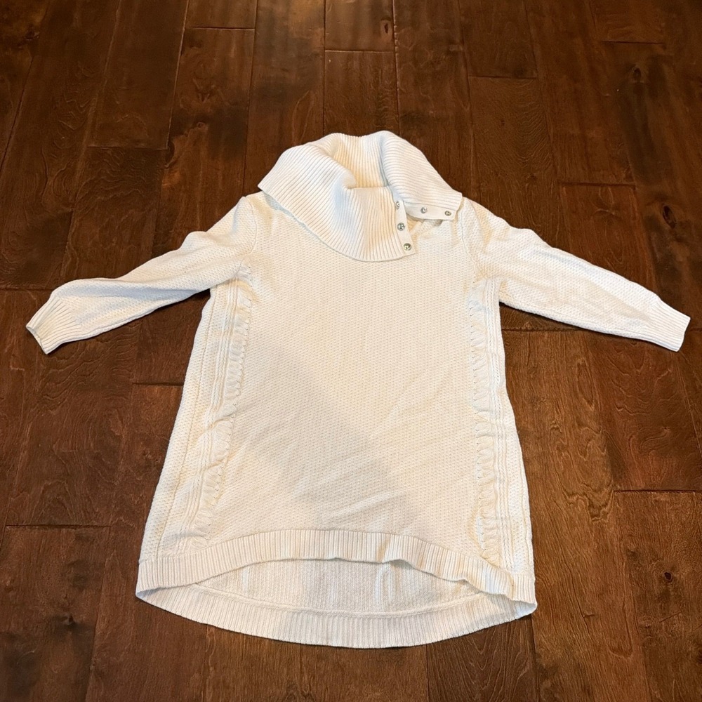 White House Black Market Cowl Neck Snap Button Cable Knit Sweater White Medium